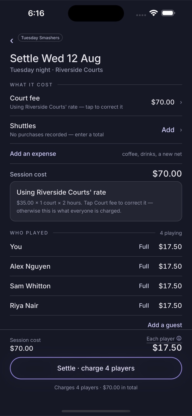 The settle screen splitting a court fee