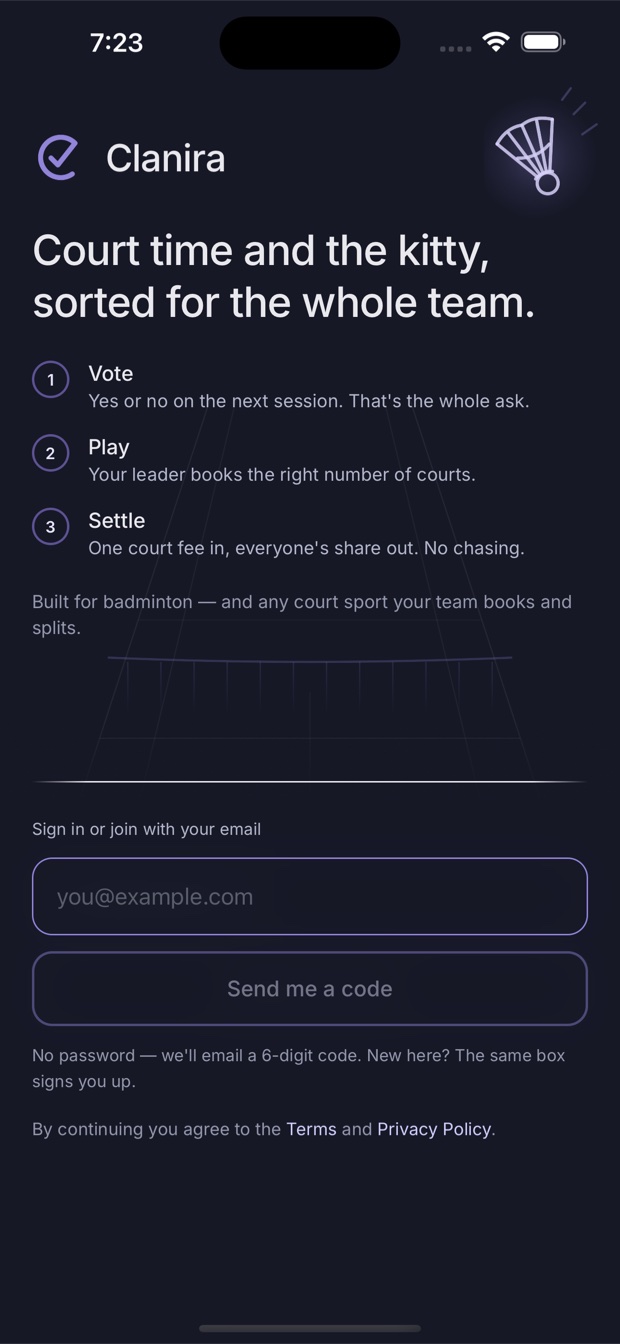 The Clanira sign-in screen