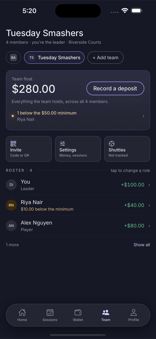 A Clanira team: the float, the roster and each member's balance